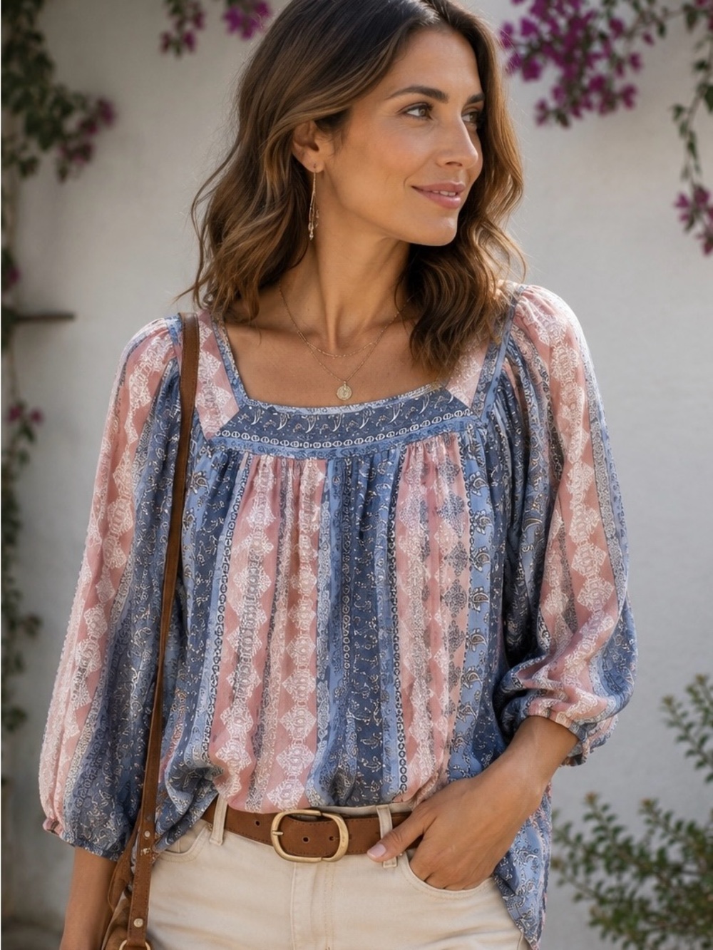 Como Vintage Pink & Blue Patterned Peasant Blouse